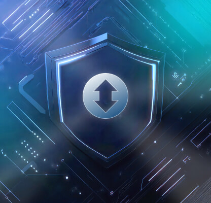 A dark-blue shield with the Newshosting logo in the center sits on top of a circuit board that is highlighted in blue and green.