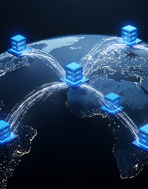 A picture of a globe with a series of stylized server stacks at various points, each connected with dotted lines.