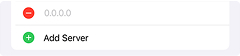 A closeup of the Manual configuration with a field and a button. The top one has a red circle with a minus sign in it next to greyed out “0.0.0.0”. The bottom one has a green circle with a plus sign in it and the words “Add Server” in black text.