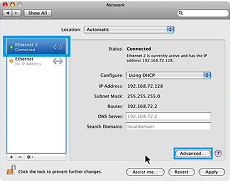 The Network Settings window in macOS showing various connection types including Ethernet. The “Advanced…” button is highlighted with a blue box.