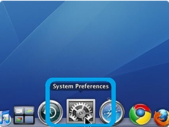 Closeup of the macOS task launcher with System Preferences highlighted by a blue box.