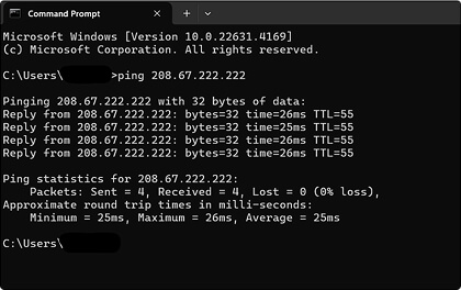 Image of a Windows Command Prompt. Somebody has pinged 208.67.222.222 and several results are coming in showing a good connection.