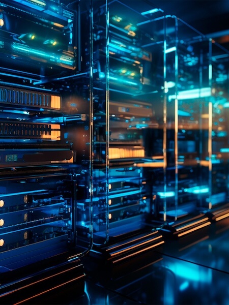 A closeup of several server stacks lit in blue, orange, and green.