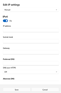 The DNS server assignment window set to Manual. That opens a series of interactive fields including IP address, Subnet mask, Gateway, Preferred DNS, and Alternate DNS.