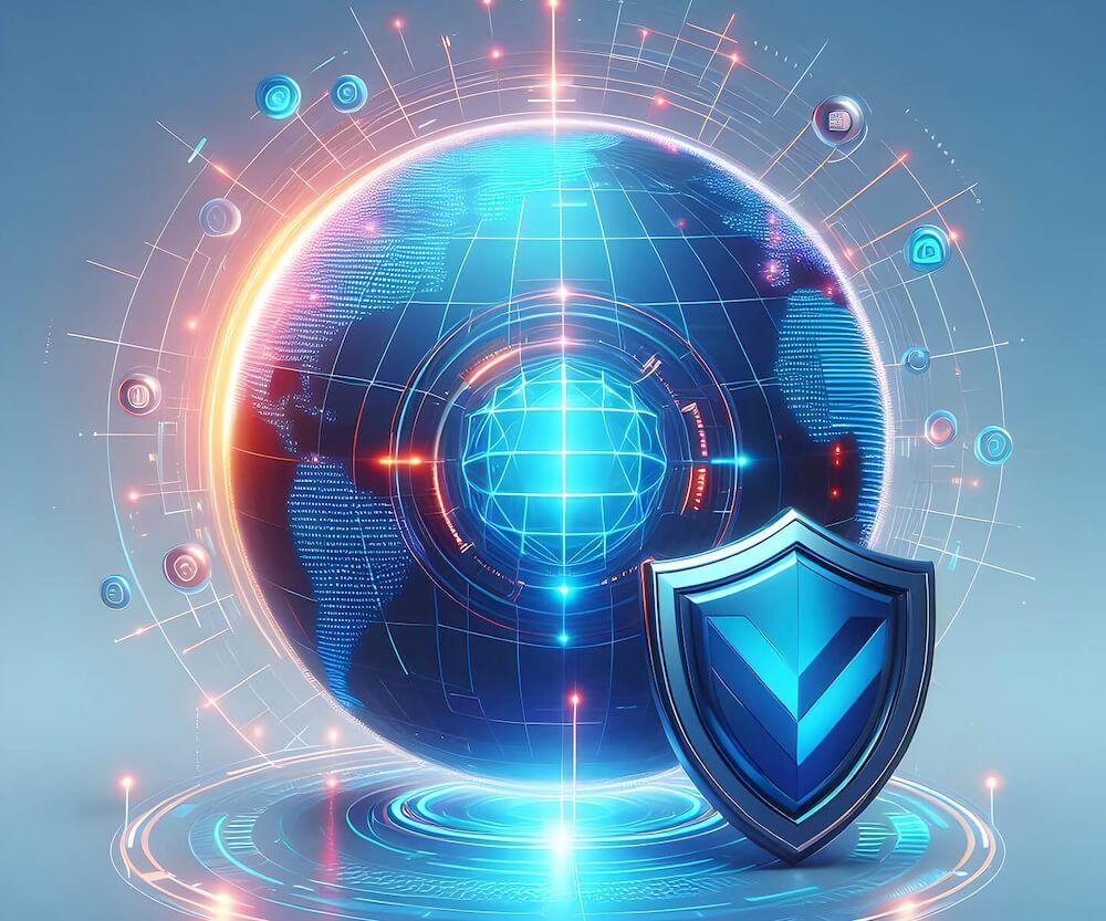 There is a hologram of the Earth hovering over a white field. Blue and orange light from the hologram reflects on the ground beneath it. There are other spheres with icons attached to it with blue and orange lines. A blue sphere is in the center of the globe, glowing blue. There is a shield sitting on the ground in front of the globe with an inverted chevron on it.