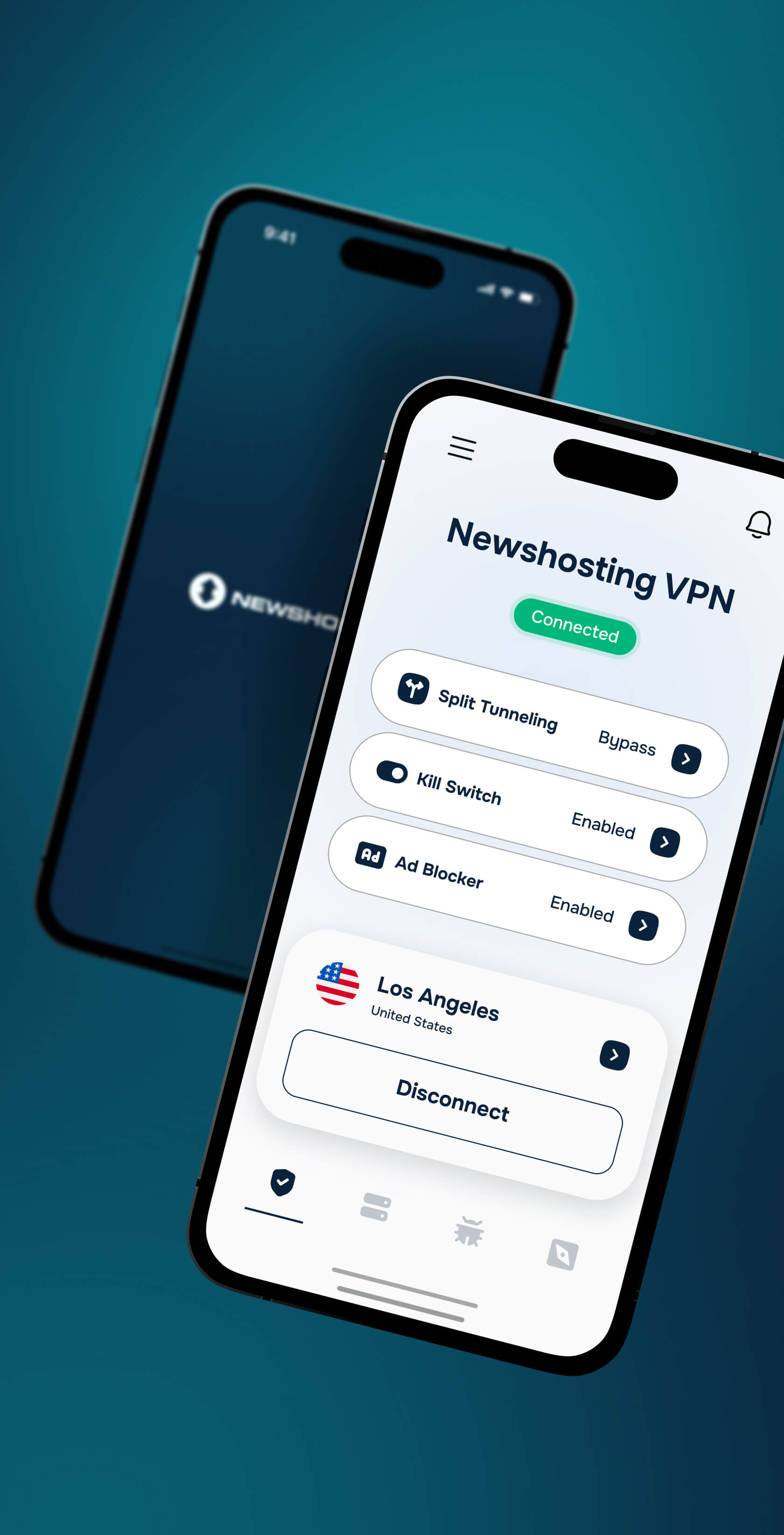 Two cellphones are visible, with one in the foreground that shows several Newshosting VPN features including Split Tunneling, Kill Switch, and Ad Blocker. It is connected to a VPN server in Los Angeles. In the background is another cellphone that only has the Newshosting name and simplified logo on it.