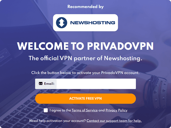 Final VPN activation screen. There is a field for an email address, a button that says “Activate Free VPN”, and a checkbox to agree to the terms and conditions.