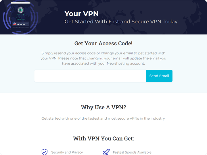 Web page titled “Your VPN” showing how to get an access code to activate your free VPN account. There is a field with a “Send Email” button.