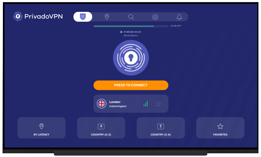 Image of the main screen of the PrivadoVPN app for AppleTV. It is disconnected from any servers.