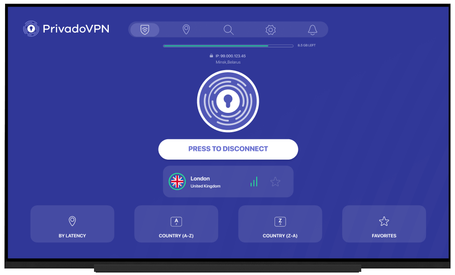 Image of the main screen of the PrivadoVPN app for AppleTV. It is connected to a server in London.