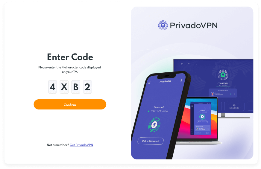 Image of the PrivadoVPN app screen that allows users to log in with a shortcut code. There are four boxes for the code and a button that says “Confirm”.