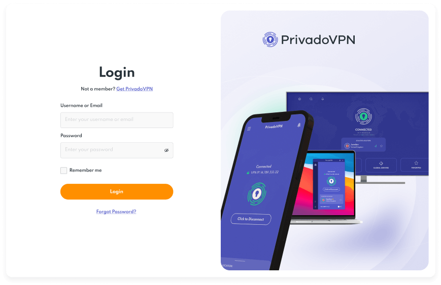 Image of the PrivadoVPN app screen that allows users to Log in. There is a field for Username and Password, as well as a Login button.