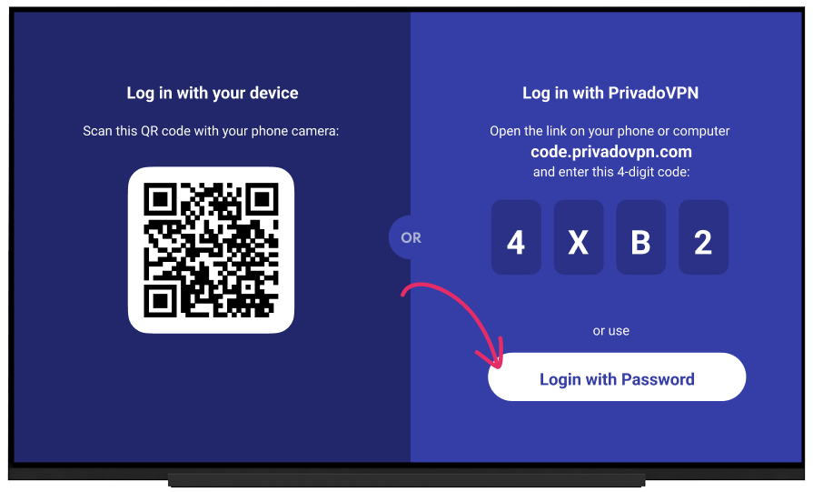 Image of Login options for PrivadoVPN app for AppleTV. There is a QR code on the left side of the screen and a shortcut code on the right side of the screen. Under the shortcut code is the option to Login with Password, which is a button. The button has a red arrow pointing to it and is highlighted in white.