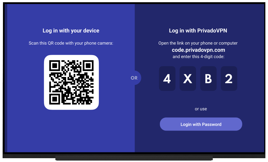 Image of Login options for PrivadoVPN app for AppleTV. There is a QR code on the left side of the screen and a shortcut code on the right side of the screen. Under the shortcut code is the option to Login with Password, which is a button.