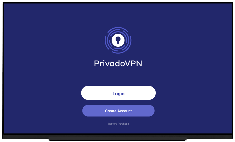 Image of the PrivadoVPN app screen that allows users to either Login or Create Account.