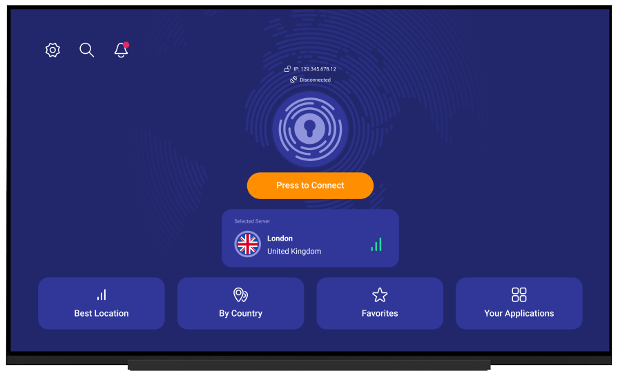 Image of the main screen of the PrivadoVPN app for Amazon Fire TV Stick. It is disconnected from any servers.