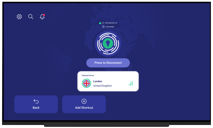 Image of the main screen of the PrivadoVPN app for Amazon Fire TV Stick. It is connected to a server in London.
