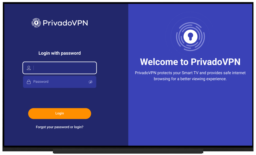 Image of the login screen for PrivadoVPN app for Amazon Fire TV Stick.
