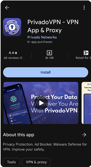 Cellphone showing the PrivadoVPN app on the Google Play Store.