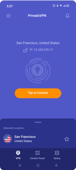 Image of the PrivadoVPN app with a server showing that it is ready to connect to a server in San Francisco.