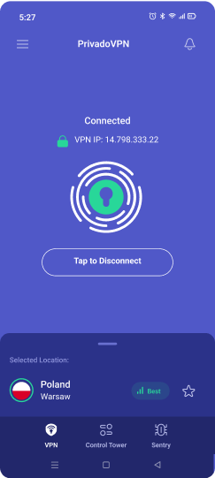 Image of the PrivadoVPN app connected to a server in Poland.