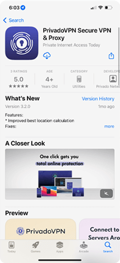 Cellphone showing the PrivadoVPN app on the Apple Appstore.