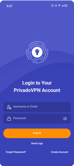 Image of the PrivadoVPN app screen that allows users to Log in. There is a field for Username and Password, as well as a Log in button.