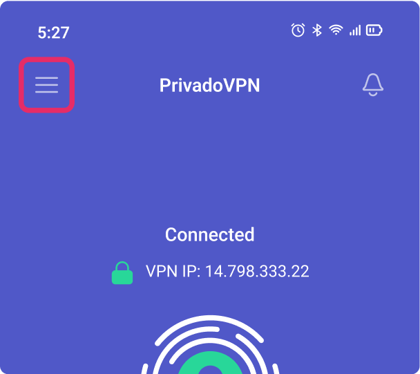 Closeup of the top portion of the PrivadoVPN app with the hamburger menu highlighted with a red box.