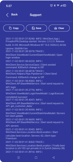 The Application Data submenu of the PrivadoVPN app.