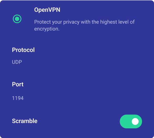 A closeup of the OpenVPN protocol options inside the PrivadoVPN app.
