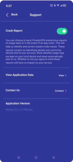 The Support menu of the PrivadoVPN app that has several options, including Crash Report, which has a toggle on.