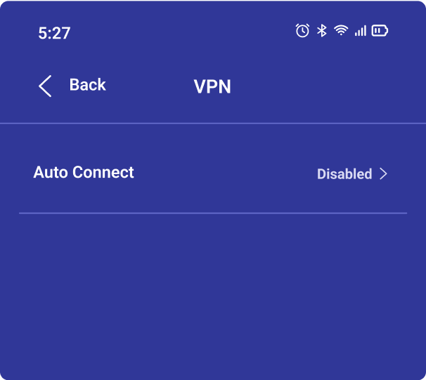 The VPN menu in the PrivadoVPN app which shows the Auto Connection option as being Disabled.