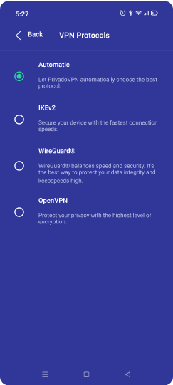 The VPN Protocols menu with the radio button for Automatic selected.