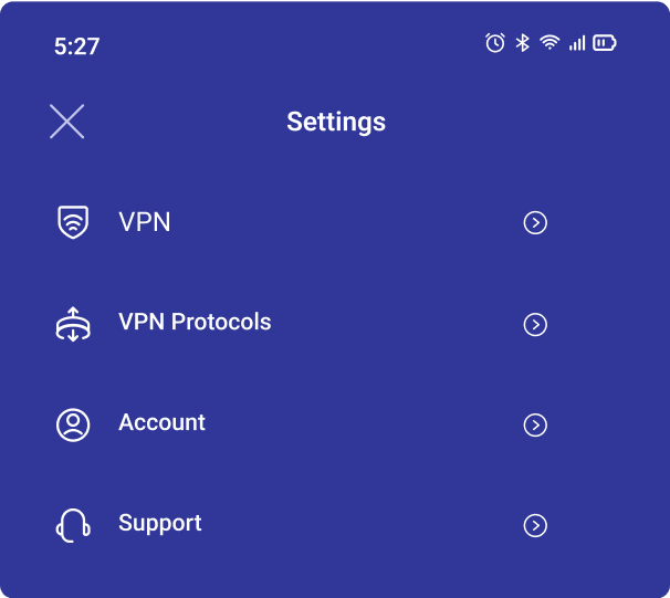 Image of the PrivadoVPN Settings screen showing options for VPN, VPN Protocols, Account, and Support.