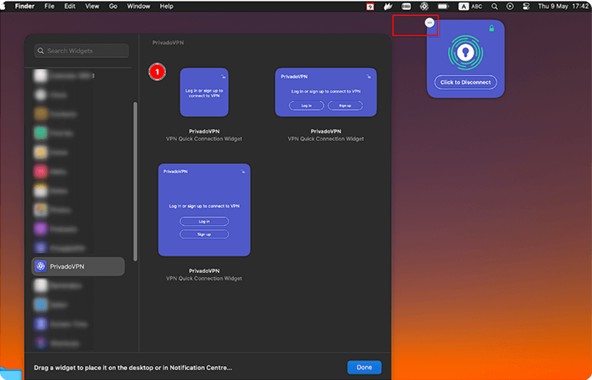 The Widget window of macOS highlighting the PrivadoVPN app in the left-side menu. There is a PrivadoVPN connection widget on the desktop and a red box highlighting the button to get rid of it.