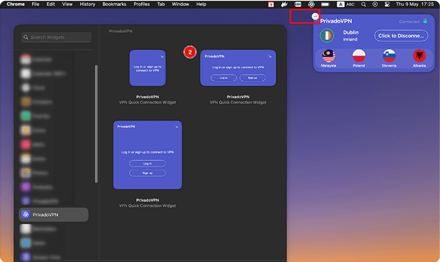 The Widget window of macOS highlighting the PrivadoVPN app in the left-side menu. There is a PrivadoVPN server selection widget on the desktop and a red box highlighting the button to get rid of it.
