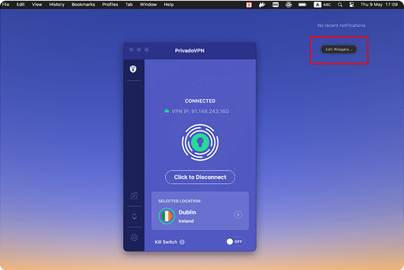 Image of the macOS desktop with the PrivadoVPN app on it. There is a button that says “Edit Widgets…” that is highlighted in a red box.