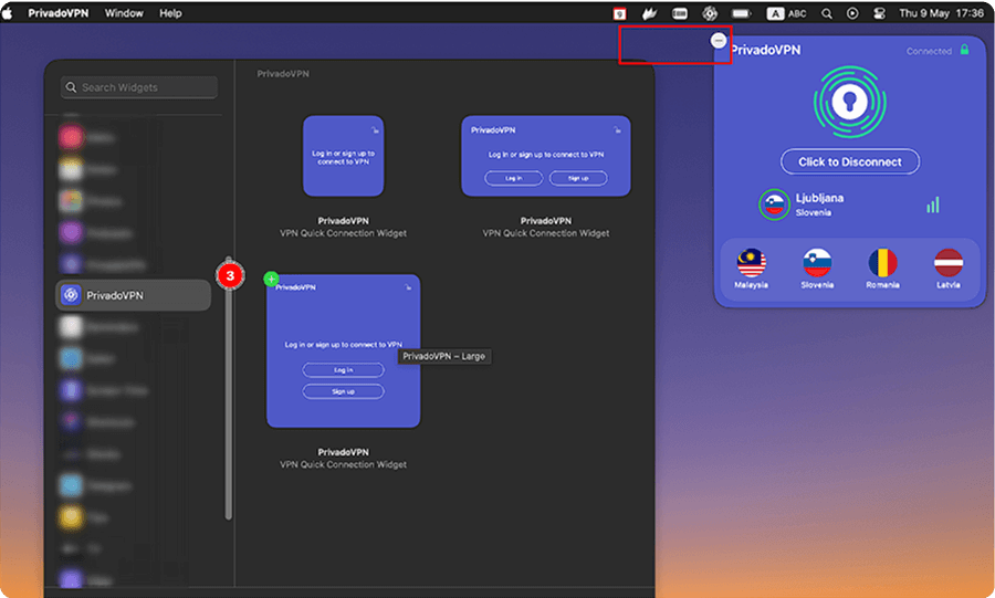 The Widget window of macOS highlighting the PrivadoVPN app in the left-side menu. There is a PrivadoVPN connection and server selection widget on the desktop and a red box highlighting the button to get rid of it.