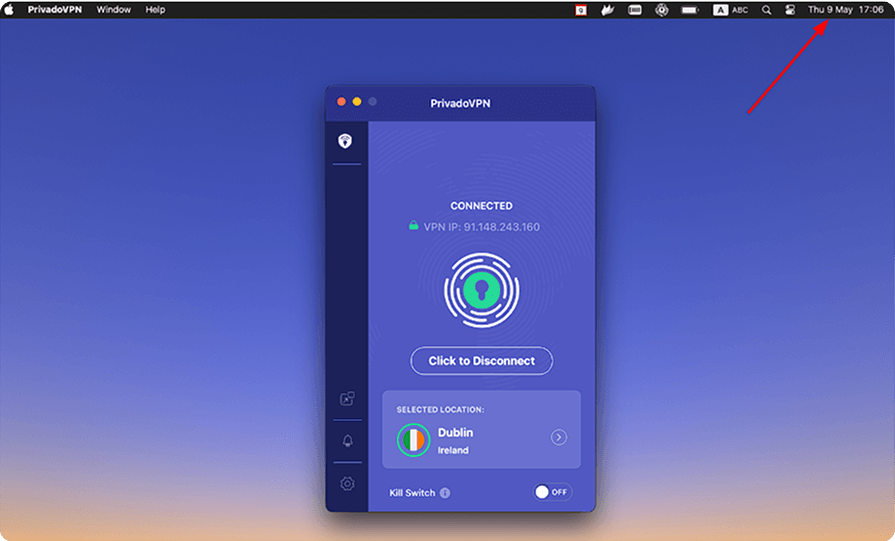 Image of the macOS desktop with the PrivadoVPN app on it. There is a red arrow that is pointing to the time and date in the taskbar.