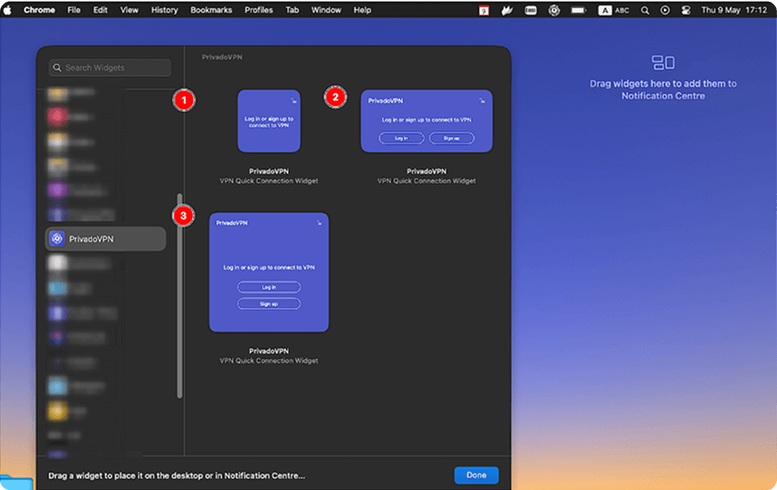The Widget window of macOS highlighting the PrivadoVPN app in the left-side menu.