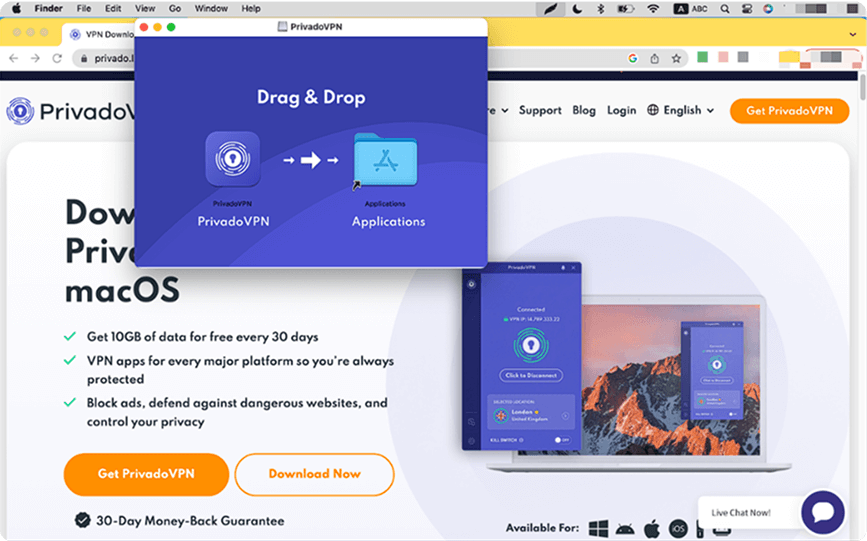 There is a window that shows somebody dragging the PrivadoVPN app into the Applications folder.