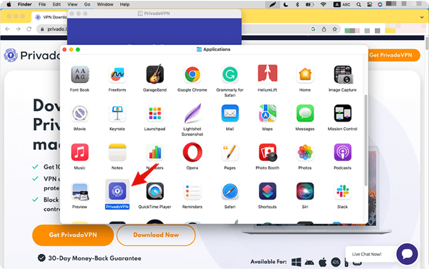 A red arrow is pointing to the PriavdoVPN app in the Applications folder.