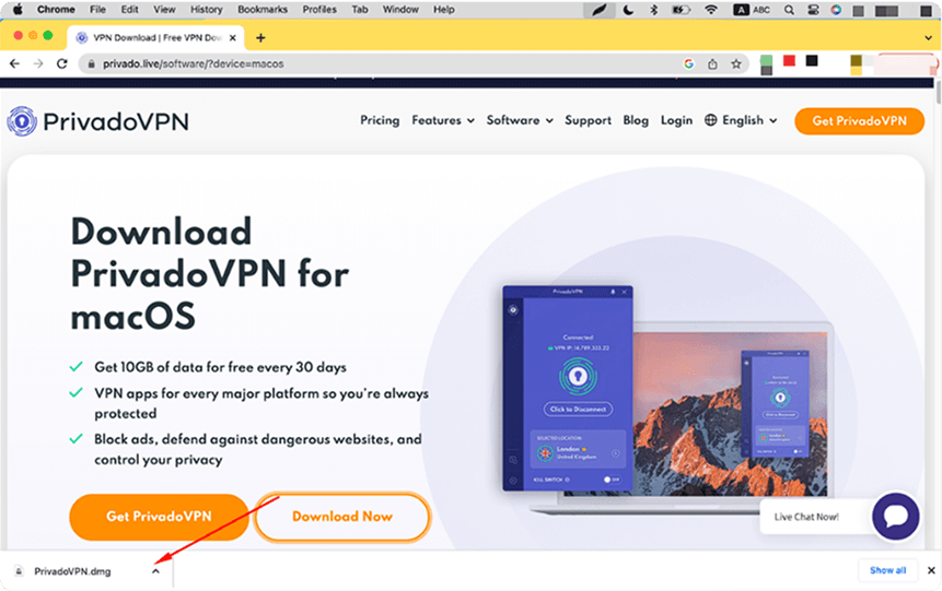 Image of the Chrome browser. A red arrow is pointing at the button that shows the recent download at the bottom of the screen.