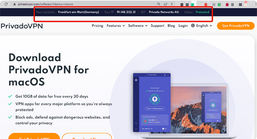 Image of the PrivadoVPN Software page. There is a red box highlighting the top of the page, which shows that you are connected to the VPN network.