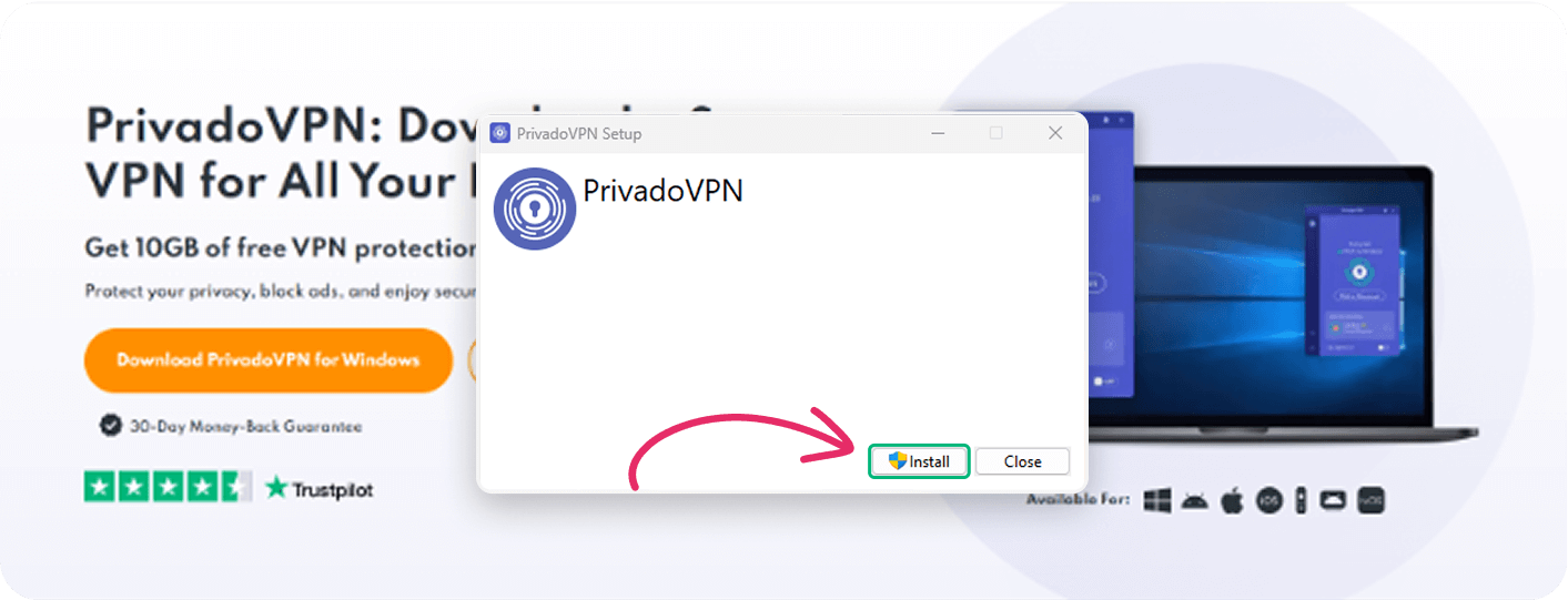 Image of the PriavdoVPN installation wizard with a red arrow pointing to the “Install” button.