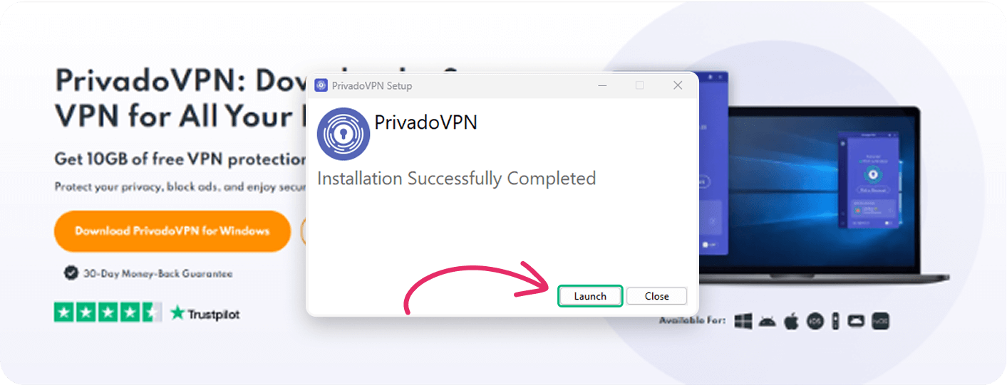 Image of the PriavdoVPN installation wizard with a red arrow pointing to the “Launch” button.