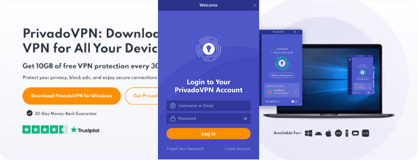 Image of the PrivadoVPN app screen that allows users to Log in. There is a field for Username and Password, as well as a Log in button.