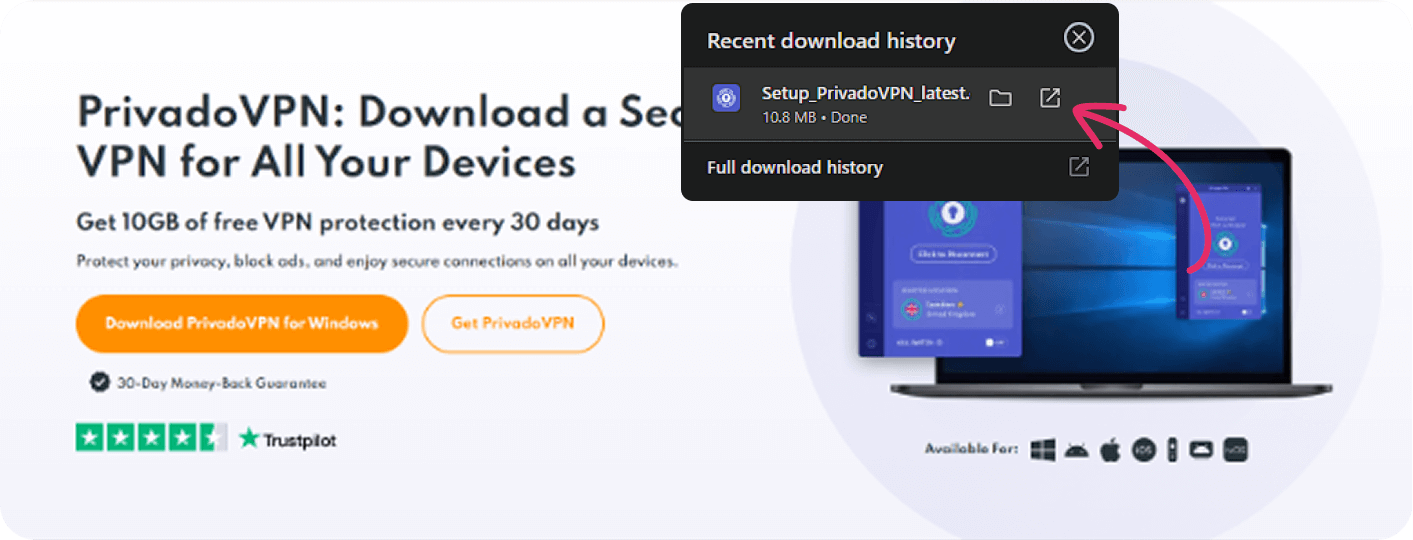 Image of the hero section of the PrivadoVPN Software page with a red arrow pointing to the Recent download history menu.