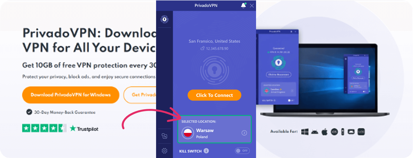 Image of the PrivadoVPN app that shows a red arrow pointing to the server selection box.