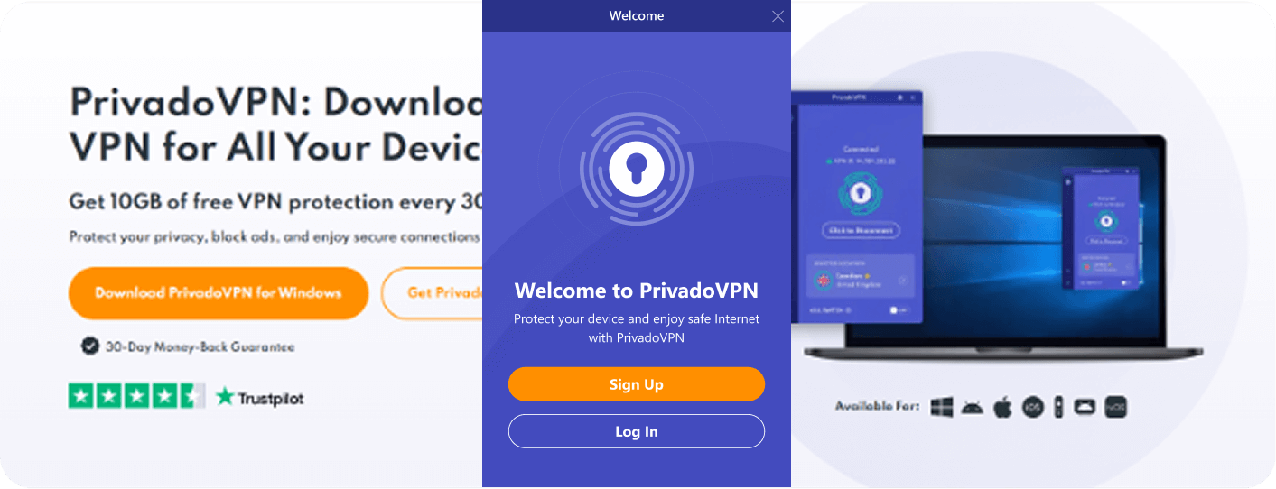 Image of the PrivadoVPN app screen that allows users to either Sign Up or Log in.